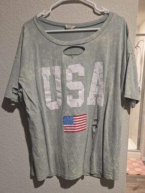 BiBi Sage Green Distressed USA Graphic Tee